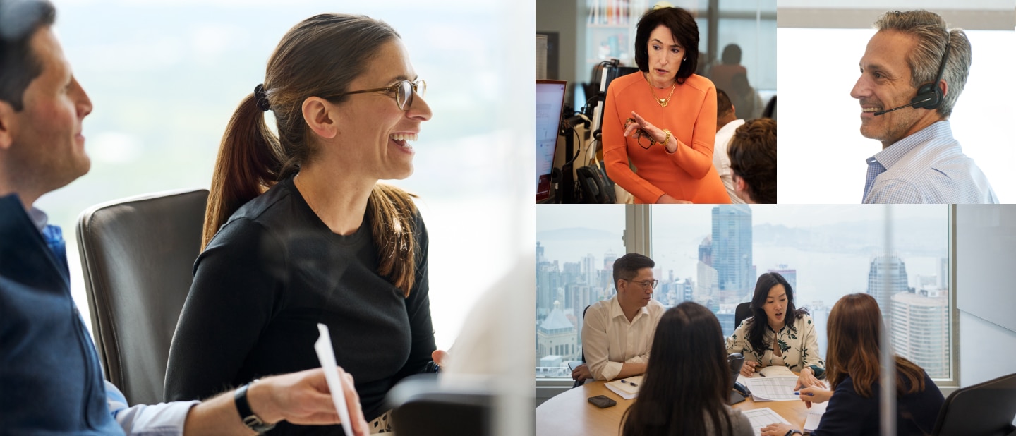 The image is a composite of four distinct photographs, each depicting diverse groups at work. The first image captures a man and woman in an office environment engaged in conversation, the second shows a woman in an orange dress addressing a gathering, the third features a man wearing a headset in an office setting, and the fourth depicts a meeting of diverse individuals in a conference room with a cityscape in the background.