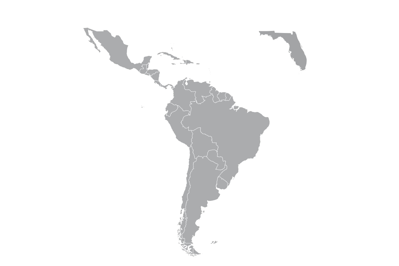 A grayscale map of Latin America & Florida