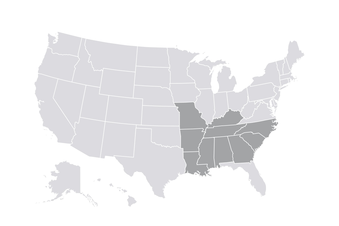 A grayscale map of the Southeast