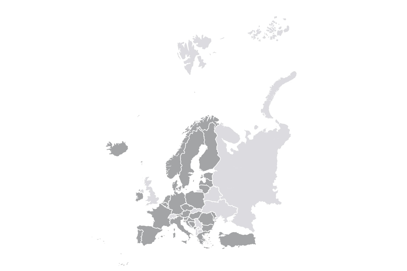 Map of continental Europe with selected countries highlighted in dark grey.