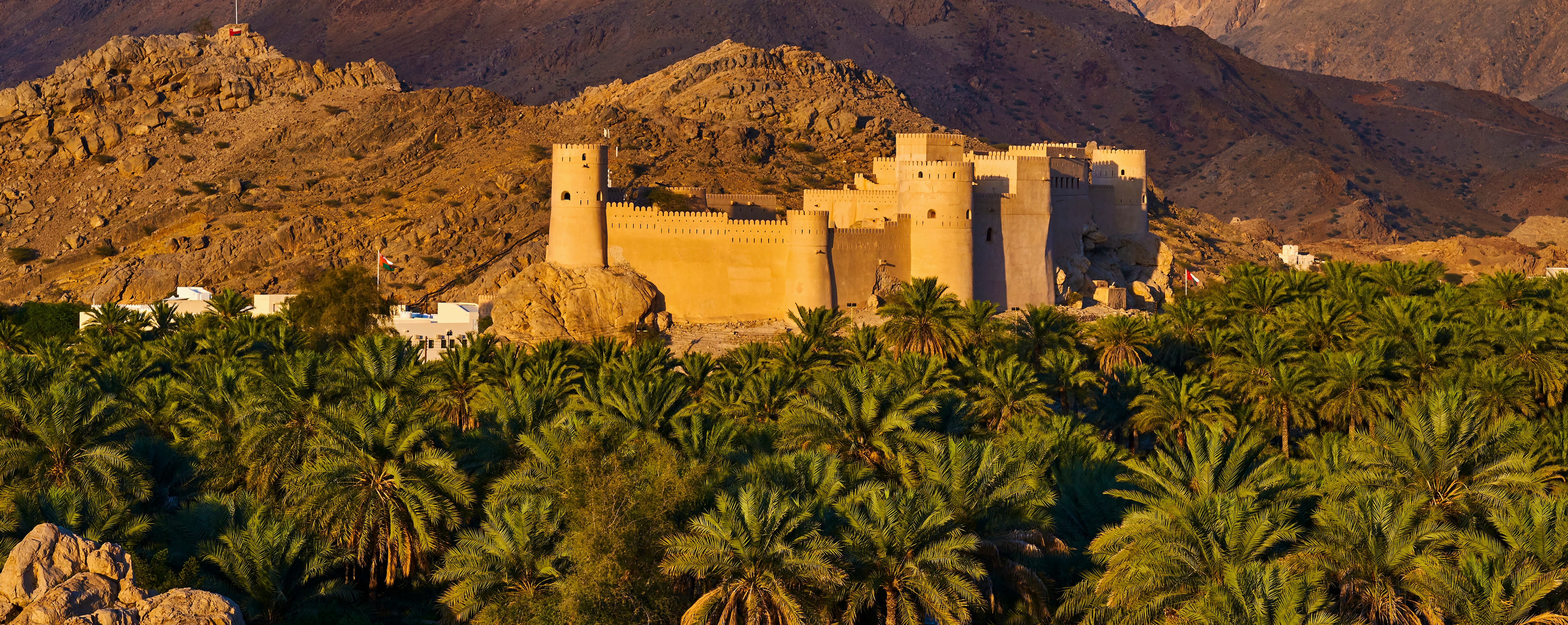 Historic desert fortress surrounded by palm trees and rugged mountains in Oman.