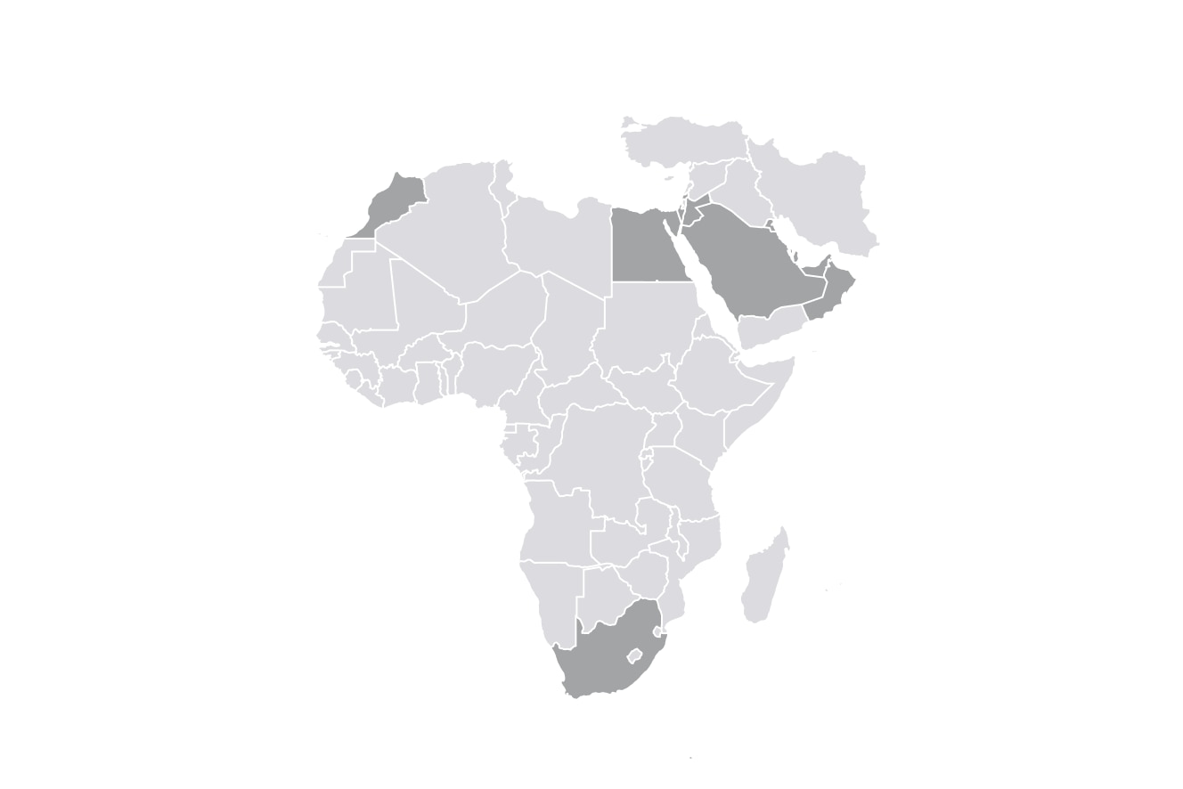 Map showing parts of Africa and the Middle East with select countries shaded in dark grey.