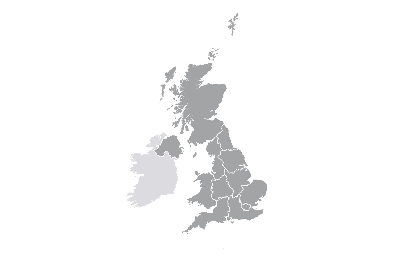 Map of the United Kingdom with regional divisions highlighted, excluding the Republic of Ireland.