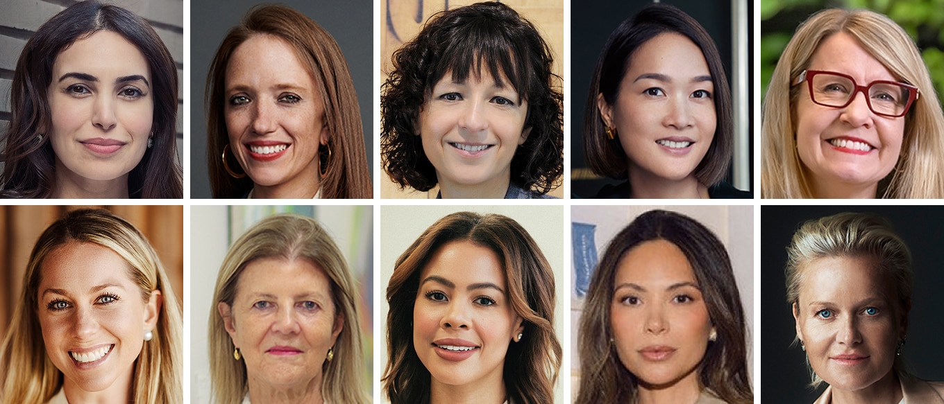 A collage of professional headshots featuring ten women, including May Habib, Kate Ryder, Emmanuelle Charpentier, Sonia Cheng, Jennifer Morris, Amanda Harlan, Mary Dalton, Nancy Twine, Marianna Hewitt, and Barbara Sturm.