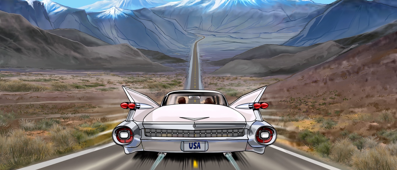 A digitally illustrated scene of a classic white Cadillac with dramatic tailfins driving down a long, open highway that stretches into the distance. The car has a "USA" license plate, and its exhaust emits a futuristic glow. Inside the vehicle, two passengers are visible. The landscape is vast and arid, with rugged mountains and snow-capped peaks in the background under a bright blue sky.