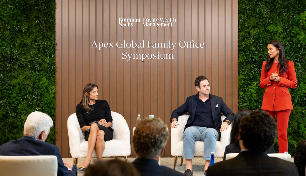 Meena Flynn, Chair, Global Private Wealth Management & Co-Head, One Goldman Sachs; Jared Cohen, President, Global Affairs & Co-Head, Goldman Sachs Global Institute; and Anushka Gupta, Americas Head, Apex, Goldman Sachs