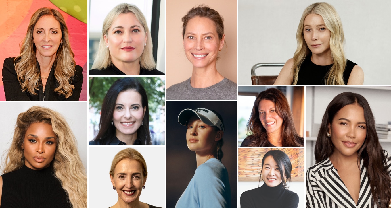 A collage of professional headshots featuring ten women, including Jessica Goldman Srebnick, Renée James, Christy Turlington Burns, Gwyneth Paltrow, Dina Powell McCormick, Navyn Salem, Ciara, Adele Oliva, Nelly Korda, Emma Grede, Songyee Yoon