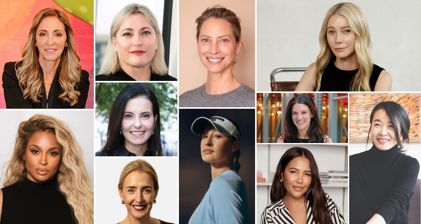A collage of professional headshots featuring ten women, including Jessica Goldman Srebnick, Renée James, Christy Turlington Burns, Gwyneth Paltrow, Dina Powell McCormick, Navyn Salem, Ciara, Adele Oliva, Nelly Korda, Emma Grede, Songyee Yoon