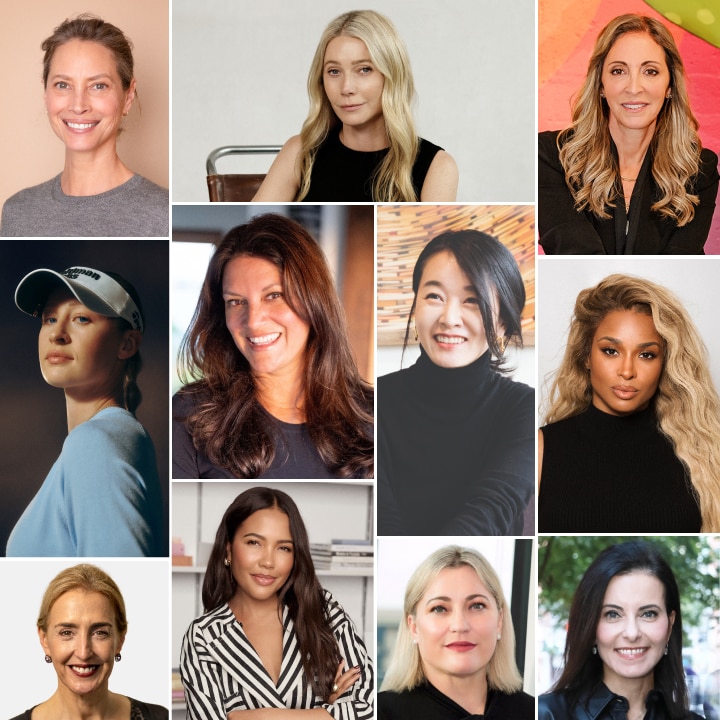 A collage of professional headshots featuring ten women, including Jessica Goldman Srebnick, Renée James, Christy Turlington Burns, Gwyneth Paltrow, Dina Powell McCormick, Navyn Salem, Ciara, Adele Oliva, Nelly Korda, Emma Grede, Songyee Yoon
