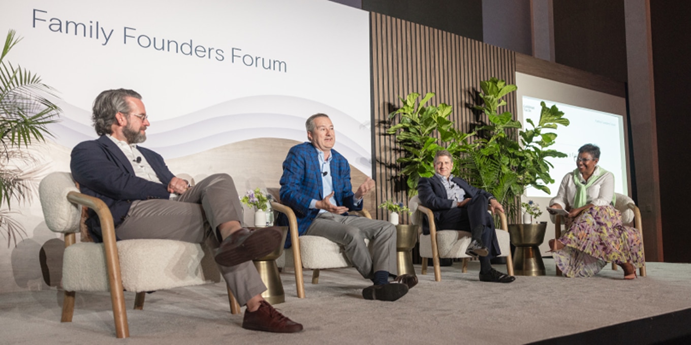 Danny Wirtz, Tom Ricketts, Michael Reinsdorf, and Nicole Pullen Ross seated on stage at the Family Founders Forum, discussing sports expansion and family leadership in the industry.