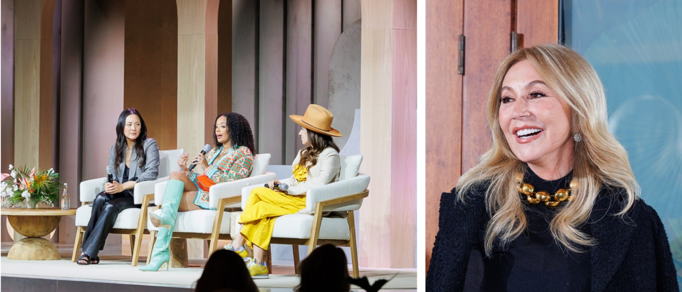 A split-image featuring two moments from a business event. On the left, a panel discussion with three women, from left to right, Amy Liu, Monique Rodriguez and Katerina Schneider, seated on a stage. Amy Liu, wearing a gray blazer and black pants, listens attentively while holding a microphone. Monique Rodriguez speaks passionately in a colorful outfit with knee-high turquoise boots. Katerina Schneider, in a beige blazer and mustard-yellow pants with a wide-brimmed hat, listens while holding a microphone. The stage features warm wooden paneling and floral decorations.