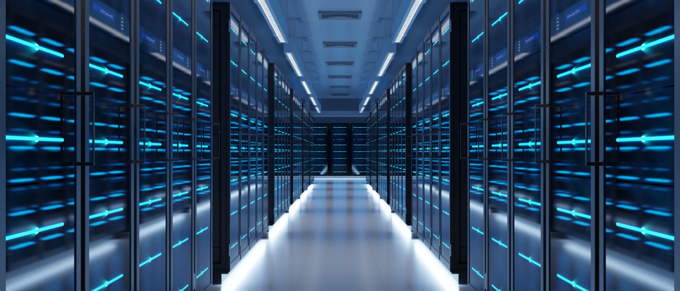 A futuristic data center corridor lined with rows of server racks illuminated by blue LED lights.