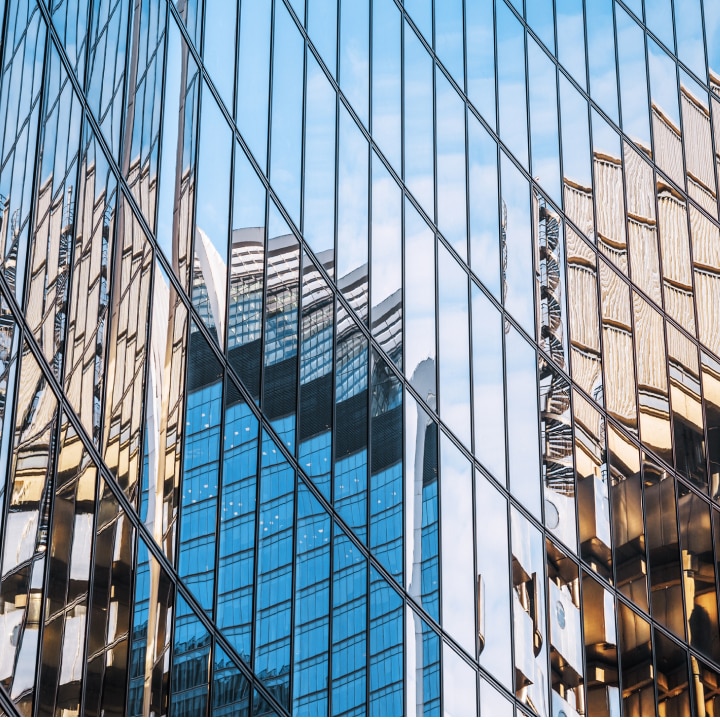 Complex reflections in glass buildings