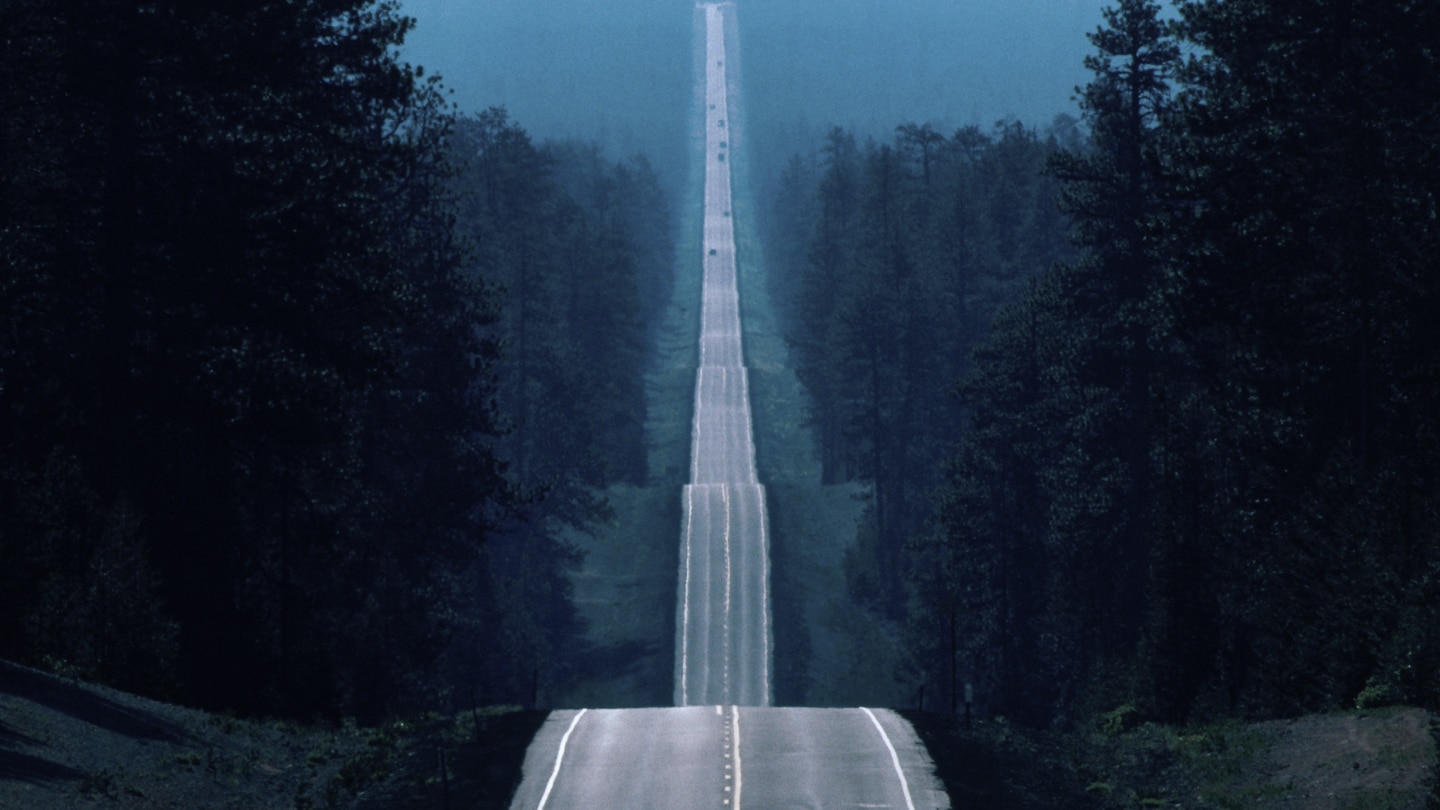 A hilly road extends forward, surrounded on either side by a forest, with distant cars visible.