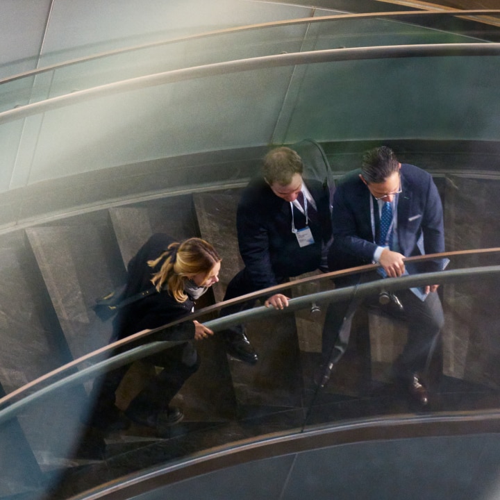 A hilly road extends forward, surrounded on either side by a forest, with distant cars visible.