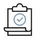 An icon depicting a checkmark inside a circle on a clipboard with paper, outlined in blue and black.